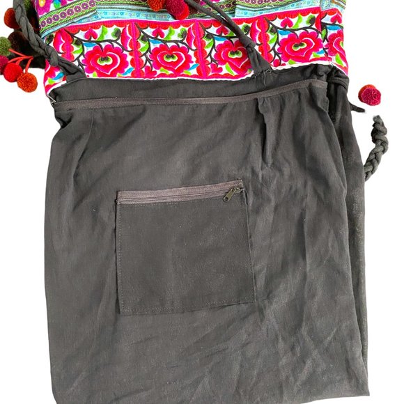 Boho Embroidery Multi-Color Flowers Weekender Hobo Tote Pom-Poms Inside Zip #02 - Picture 10 of 15